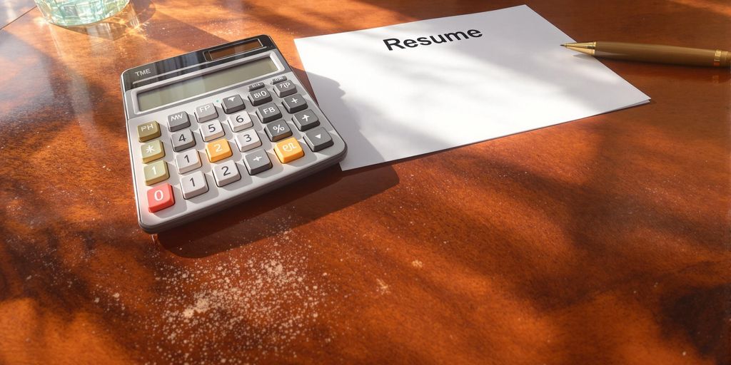Calculator, pen, and resume on a desk.