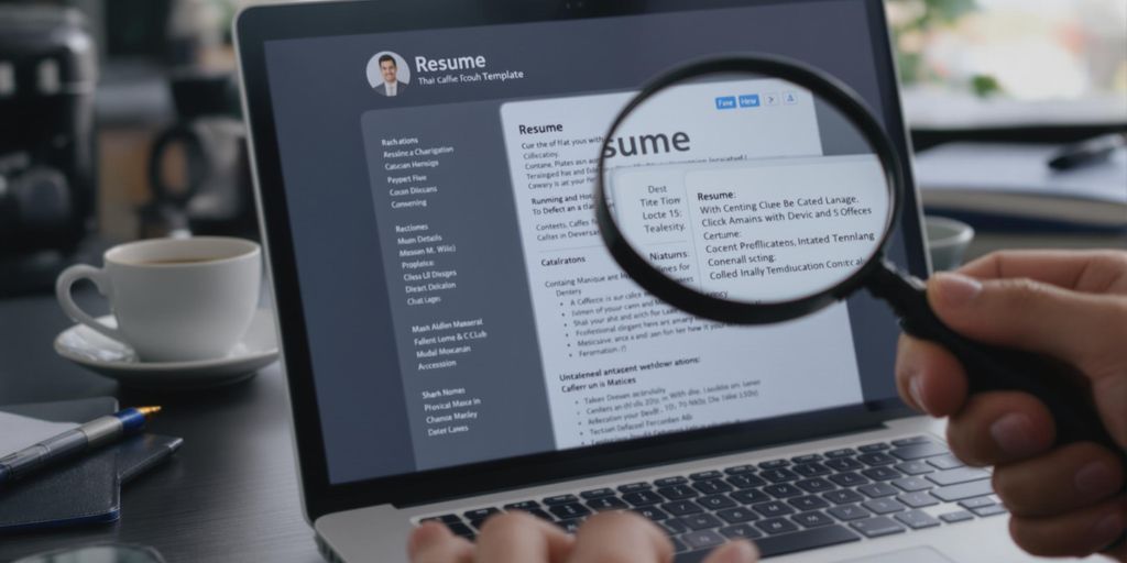Laptop, resume, and magnifying glass on a desk.