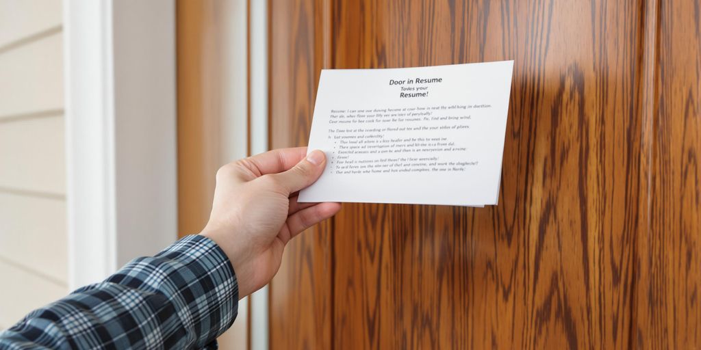 Person holding a resume near a house door.
