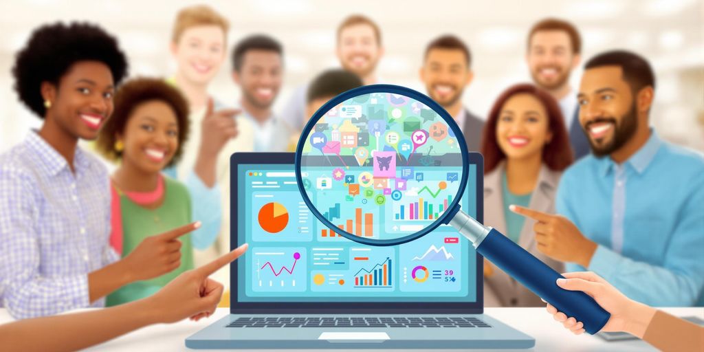 Laptop with data, magnifying glass, diverse professionals.