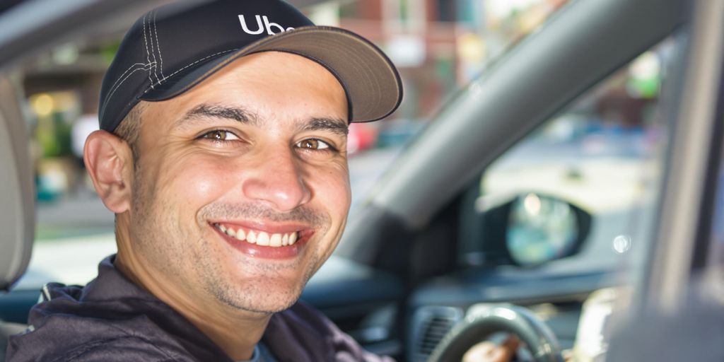 Uber driver smiling wearing a cap.