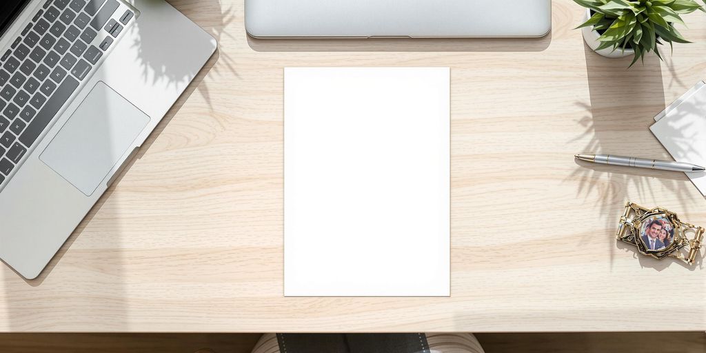 Clean, modern resume template on a wooden desk.