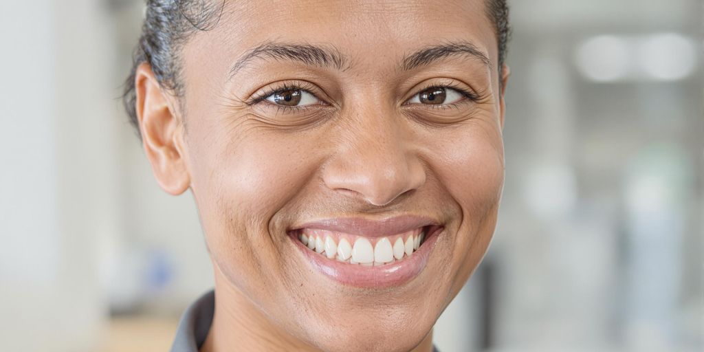 Polished professional smiling warmly at a customer.