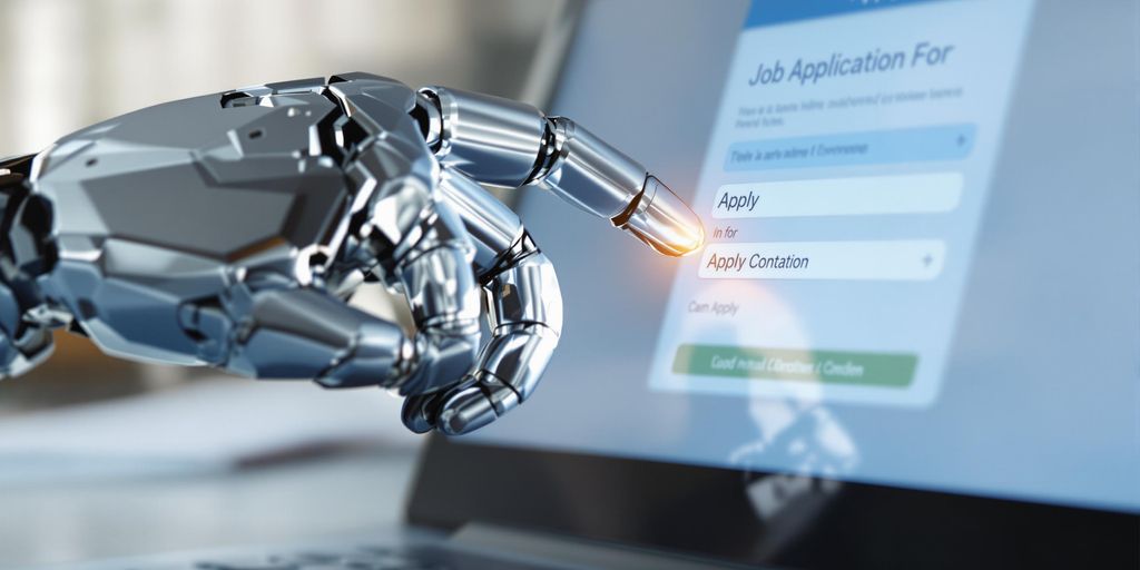 Robot hand using a laptop to apply for jobs