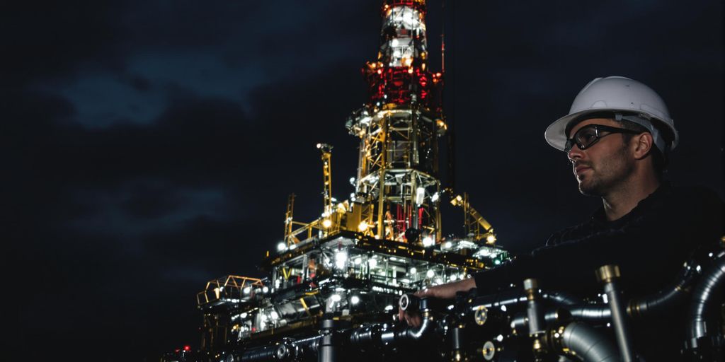 Oil rig and engineer inspecting pipes.