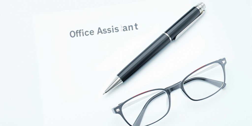 Professional office assistant resume with a pen and glasses.