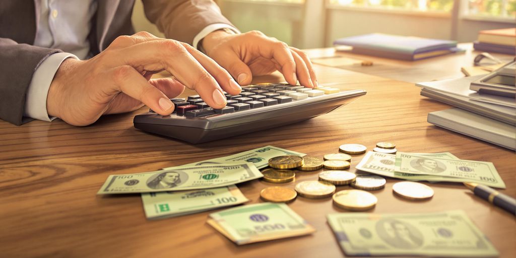 Calculator, bills, and coins on a desk.