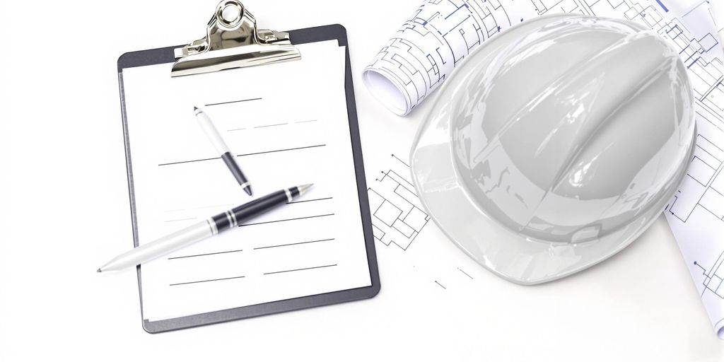 Clipboard, hard hat, and blueprint.