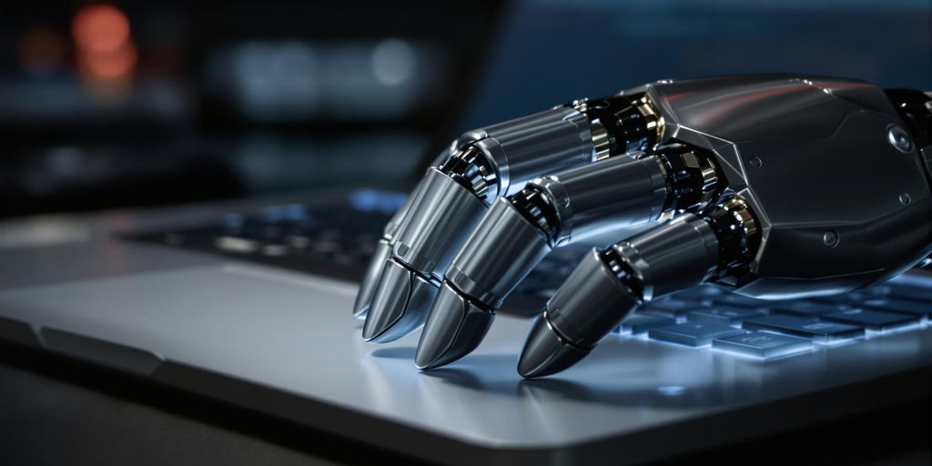 Robot hand typing on laptop keyboard.