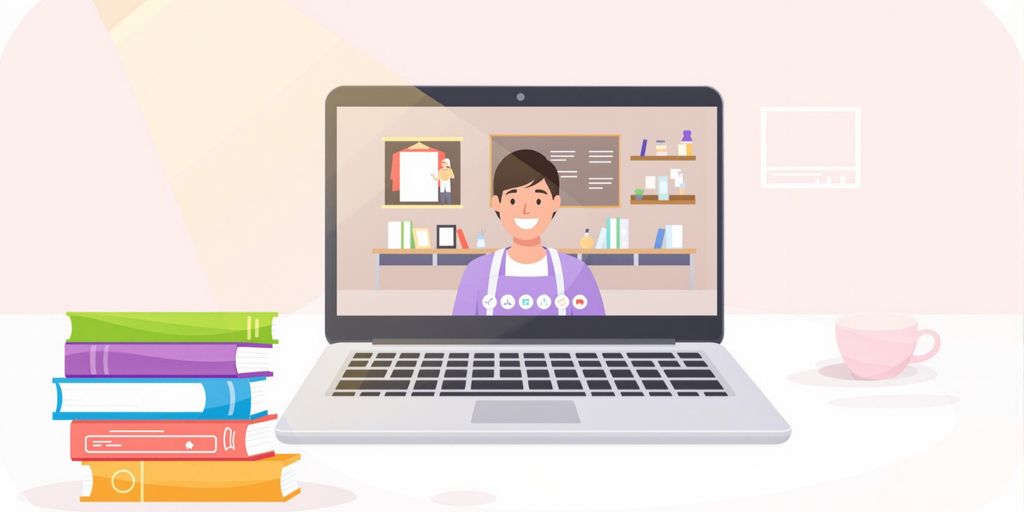 Laptop, books, and smiling tutor illustration.