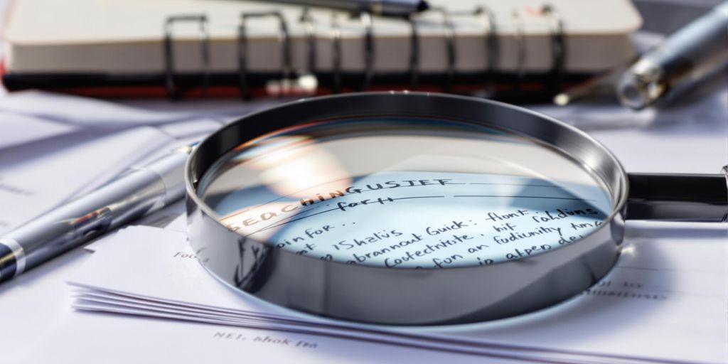 Magnifying glass over documents, detective's tools