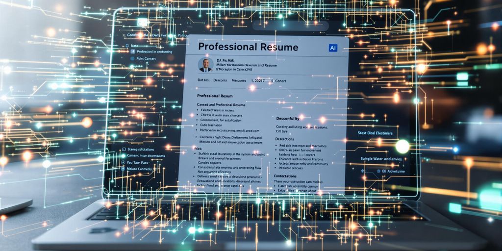 Laptop screen displaying a resume, with AI elements and light trails.