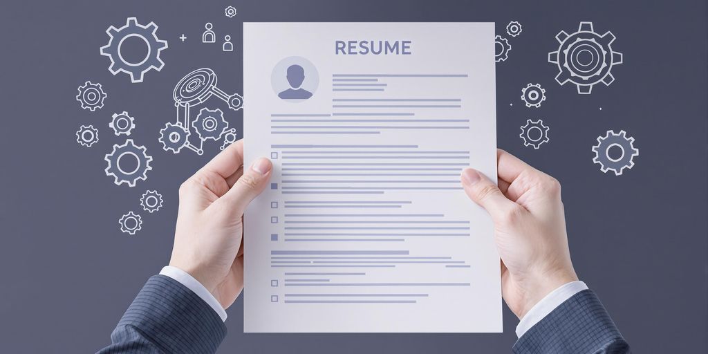 Person holding resume, gears turning