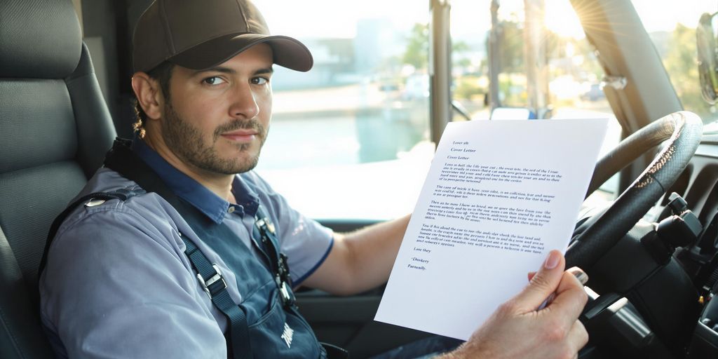 Driver holding cover letter, smiling.