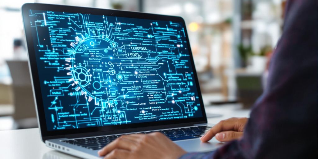 Laptop displaying code, gears, and a tech lead.