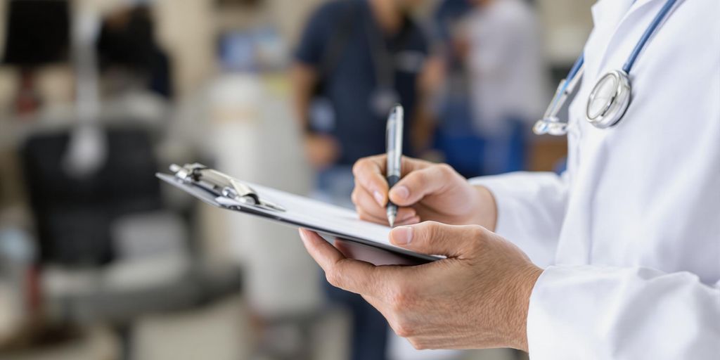 Nurse practitioner writing on a clipboard.