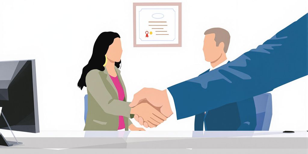 Two people shaking hands, a desk, and a diploma.