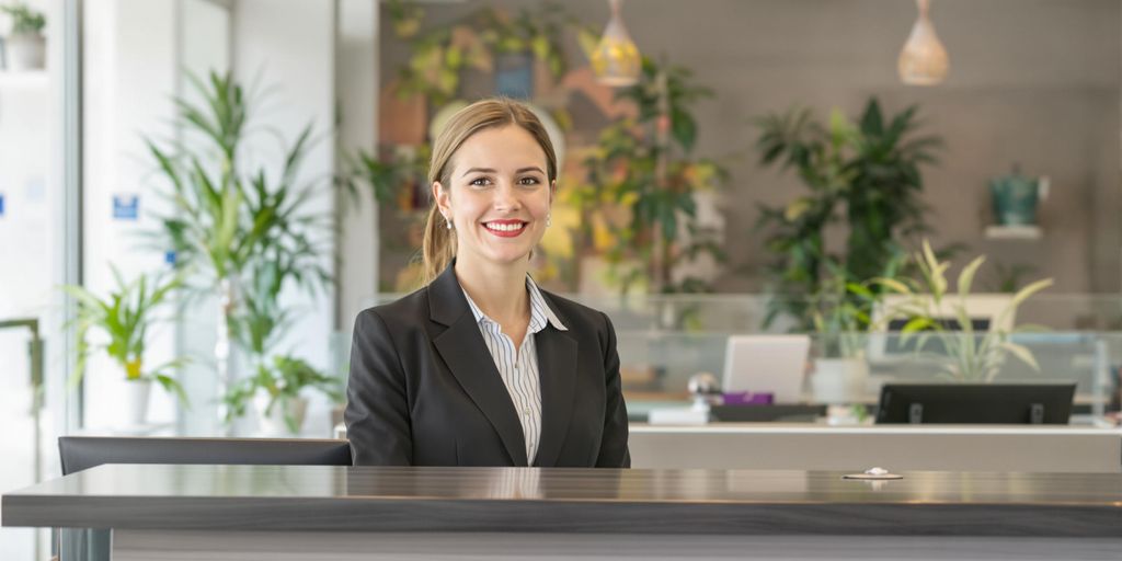 Receptionist warmly greeting a visitor in a modern office.