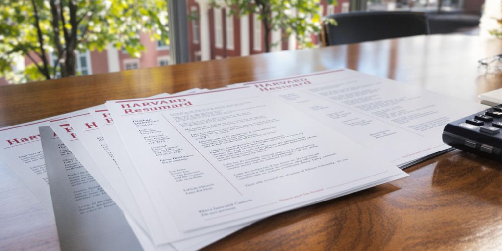 Polished resumes, elegant Harvard campus backdrop