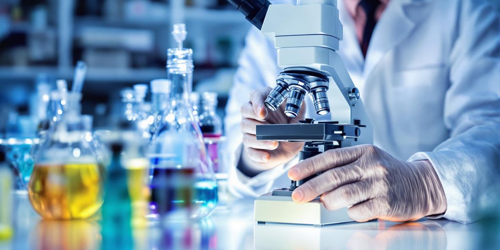 Scientist looking through a microscope in a laboratory