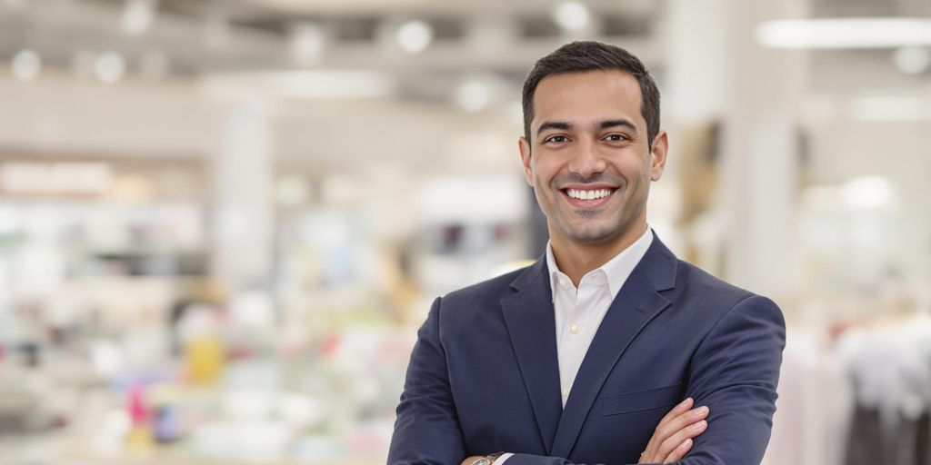 Retail store manager smiling confidently.