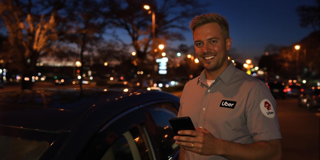 Uber driver smiling with phone.