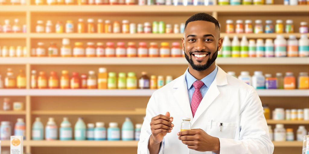 Pharmacist in white coat smiles, holding medication.