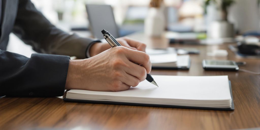 Professional at desk, poised and confident.