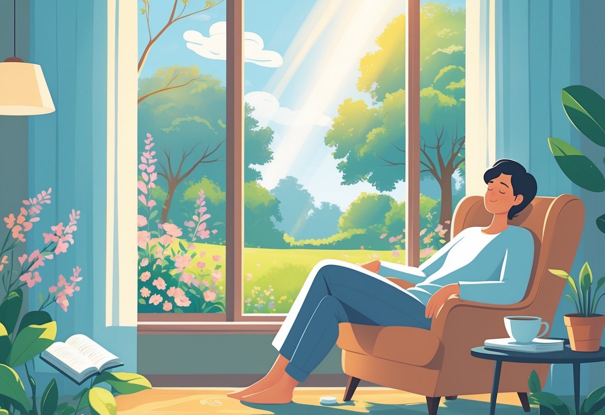 Top Reasons to Take a Personal Day Off and Recharge: How Time Away Boosts Productivity and Wellbeing 1 A person relaxing in a cozy chair by a window overlooking a peaceful garden with flowers and trees on a sunny day.