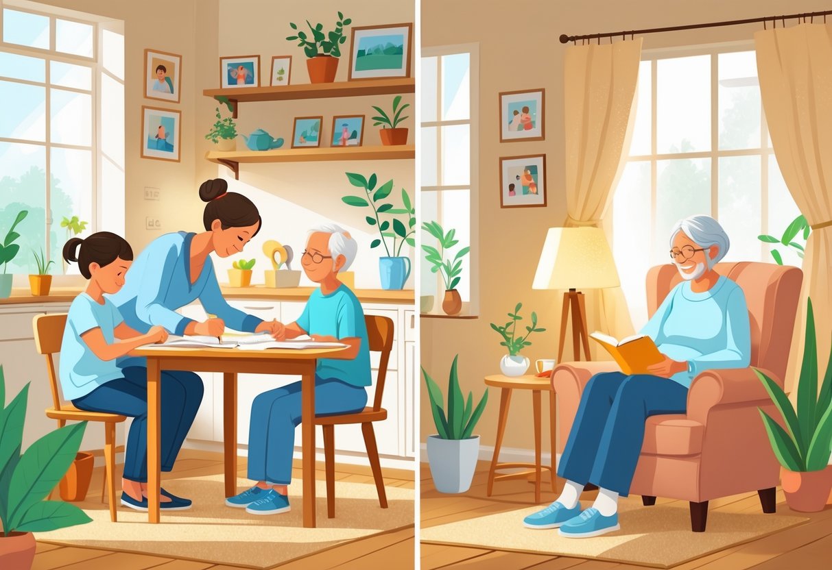Top Reasons to Take a Personal Day Off and Recharge: How Time Away Boosts Productivity and Wellbeing 3 An adult helping a child with homework and caring for an elderly family member, while also relaxing alone with a book and tea in a cozy room.