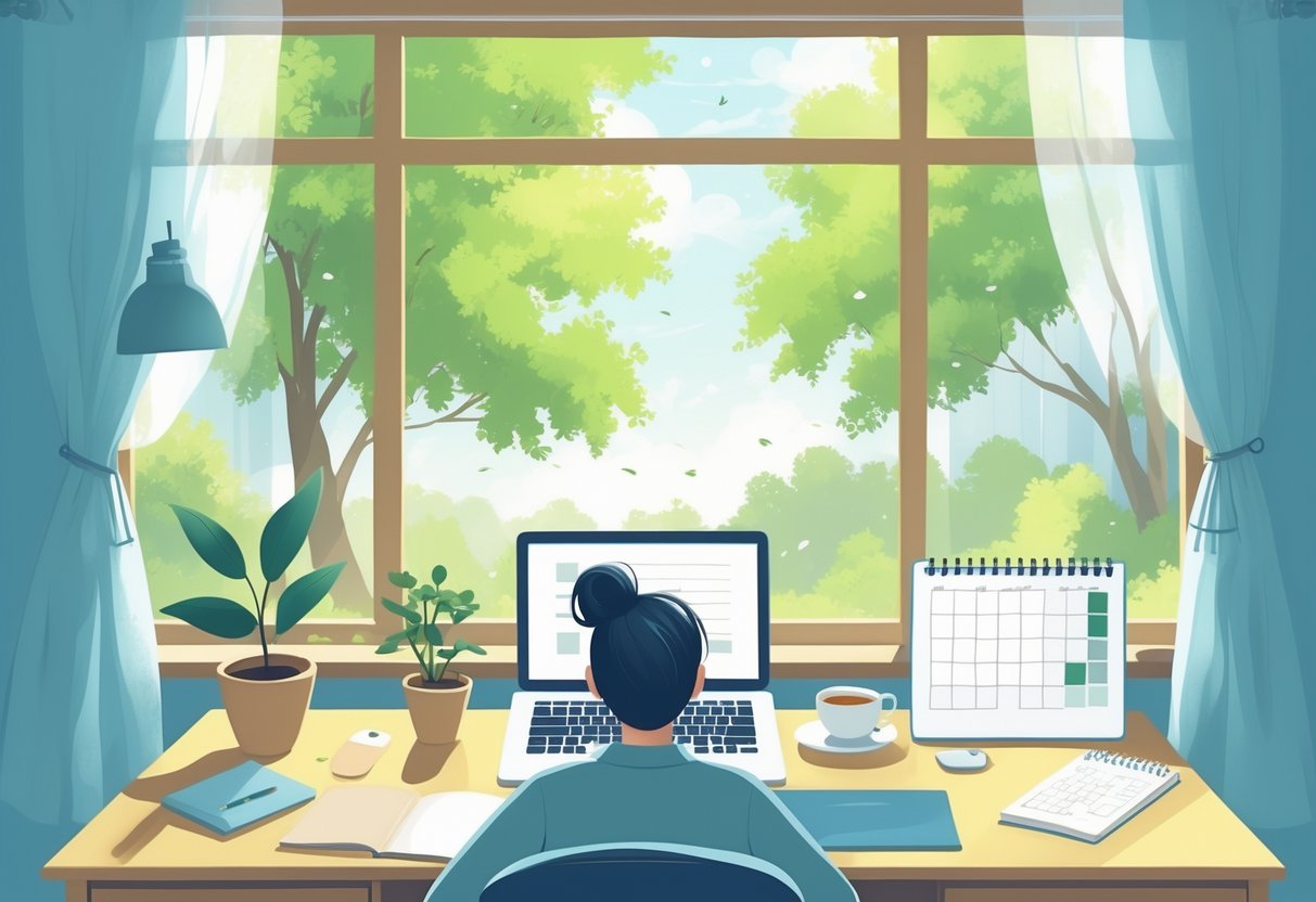 Top Reasons to Take a Personal Day Off and Recharge: How Time Away Boosts Productivity and Wellbeing 4 A person sitting at a tidy desk with a laptop and cup of tea in a bright room, surrounded by completed personal errands and a calendar showing a day off.