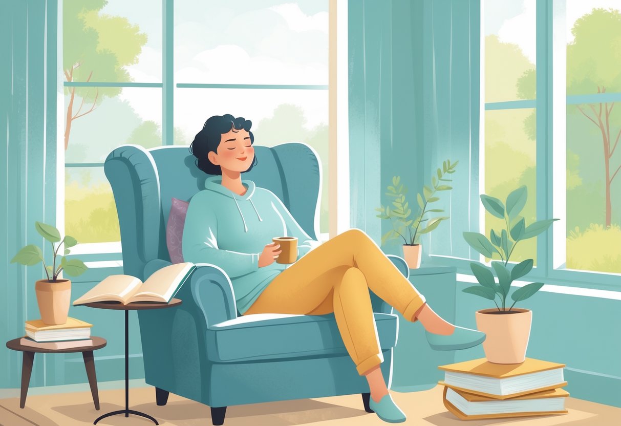 Top Reasons to Take a Personal Day Off and Recharge: How Time Away Boosts Productivity and Wellbeing 5 A person sitting peacefully in a cozy chair by a window, holding a warm drink, surrounded by a book, plant, and soft blanket, with nature visible outside.