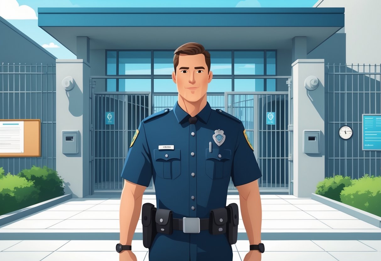 11 Correctional Officer Resume Examples - March 2025: Top Templates and Expert Writing Tips 2 A correctional officer standing confidently outside a secure correctional facility with gates and surveillance cameras.