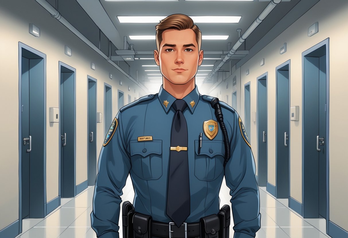 11 Correctional Officer Resume Examples - March 2025: Top Templates and Expert Writing Tips 3 A correctional officer standing inside a secure correctional facility corridor with cell doors and security features visible.
