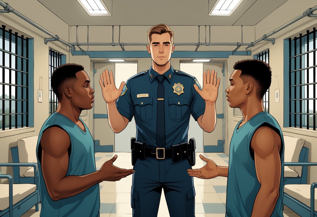 11 Correctional Officer Resume Examples - March 2025: Top Templates and Expert Writing Tips 4 A correctional officer peacefully mediates a disagreement between two inmates inside a prison setting.