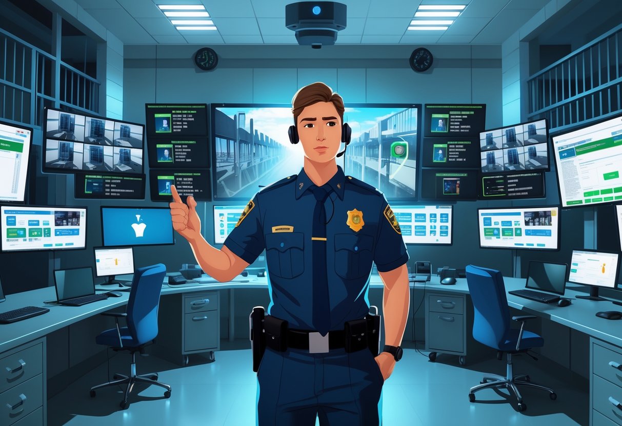 11 Correctional Officer Resume Examples - March 2025: Top Templates and Expert Writing Tips 5 A correctional officer in uniform monitors security screens and communicates through a headset in a control room during a crisis.