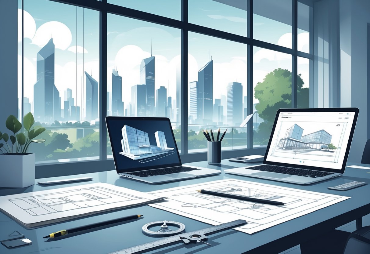An architect's workspace with blueprints, a laptop showing 3D building models, drafting tools, and a city skyline visible through large windows.