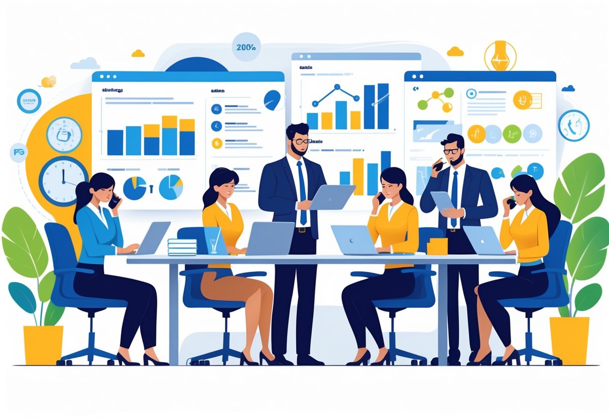 10 Sales Representative Resume Examples & Guide for 2025: Tips, Templates, and Writing Advice 1 A group of sales representatives working together in an office, discussing and using digital devices.