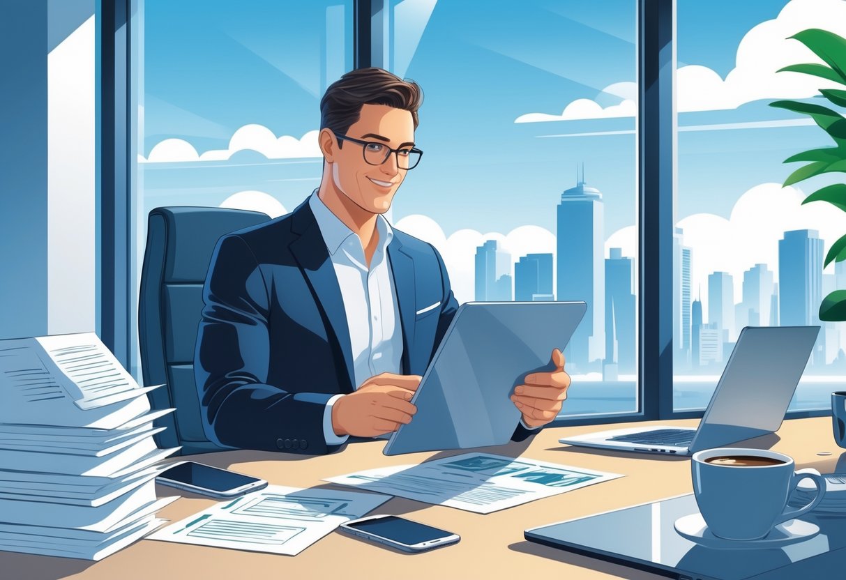 10 Sales Representative Resume Examples & Guide for 2025: Tips, Templates, and Writing Advice 2 A sales representative working at a desk with resumes and a laptop, overlooking a city skyline through a large window.