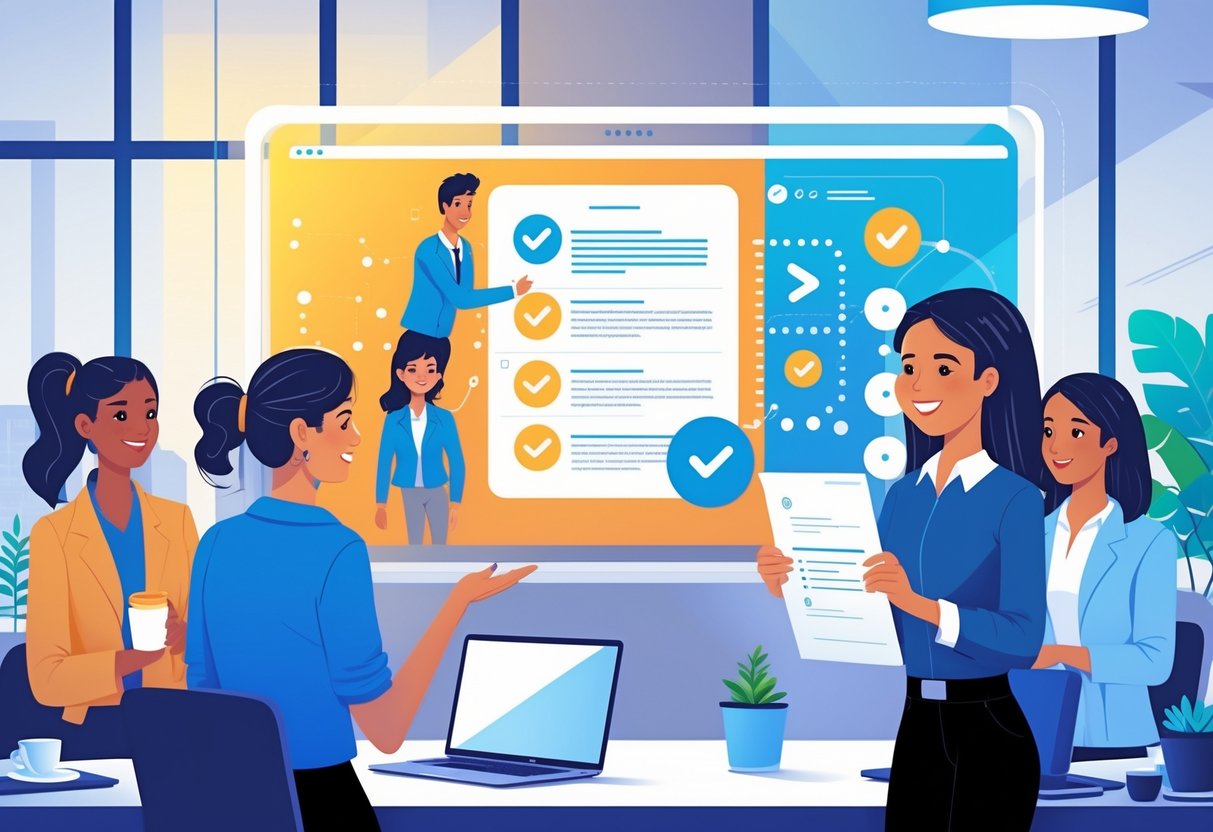 A group of people in an office using an AI assistant on a large transparent screen to review resumes.