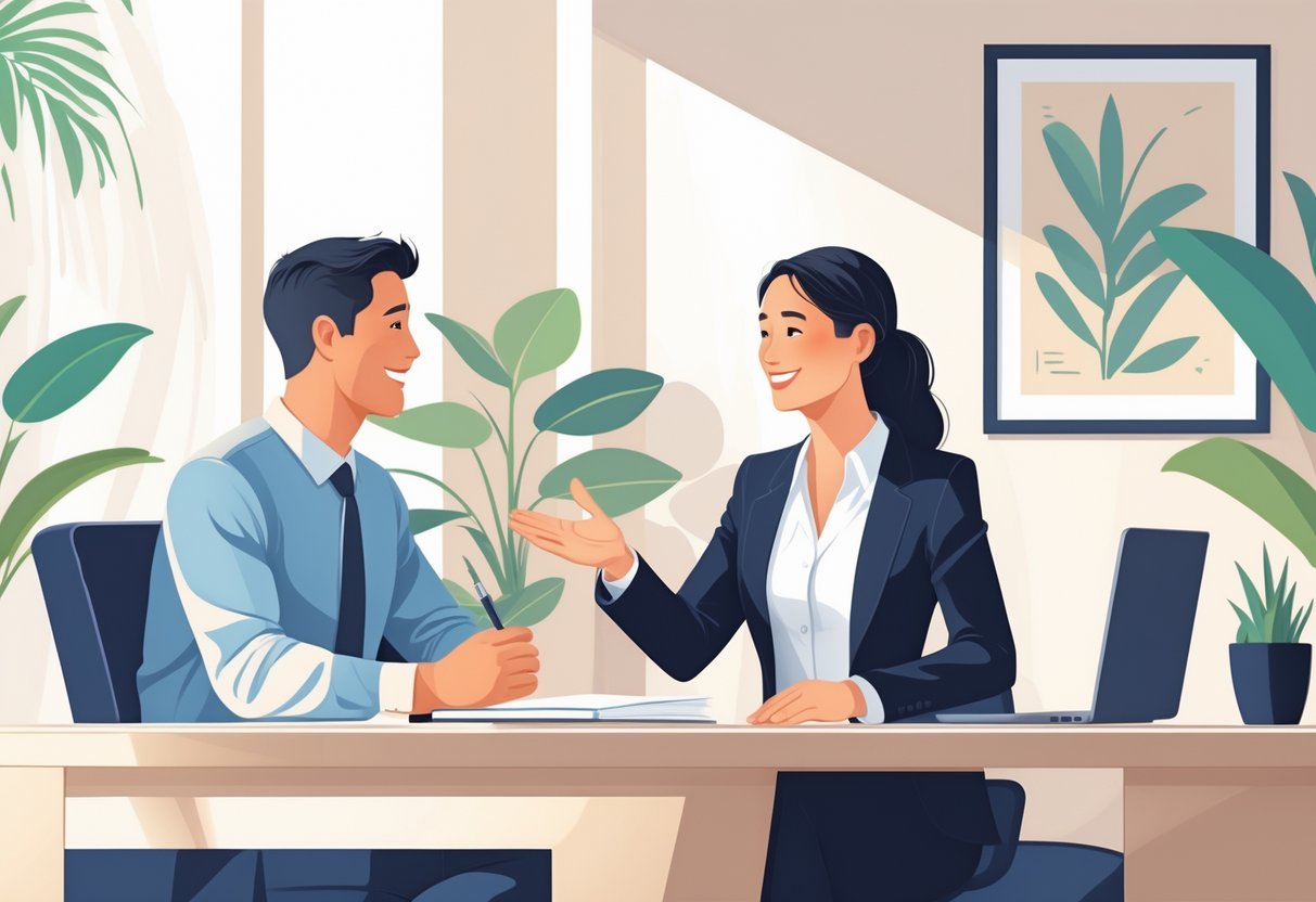 Two people sitting across a desk in an office, one taking notes and the other speaking, engaged in a friendly conversation.