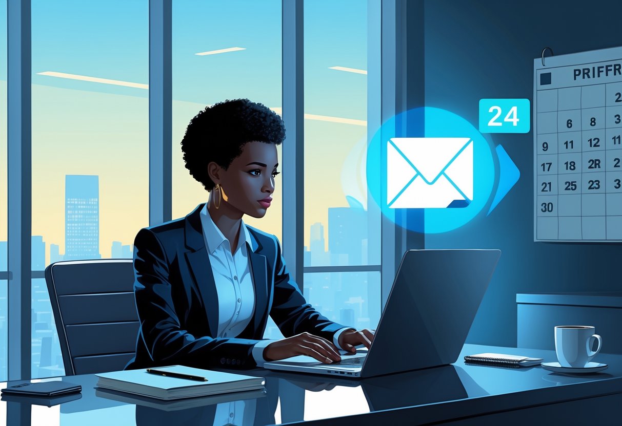 How to Ask for Feedback after an Interview: Best Practices for Professional Follow-Up 2 A person working at a desk in an office, typing an email on a laptop with a calendar and city view in the background.