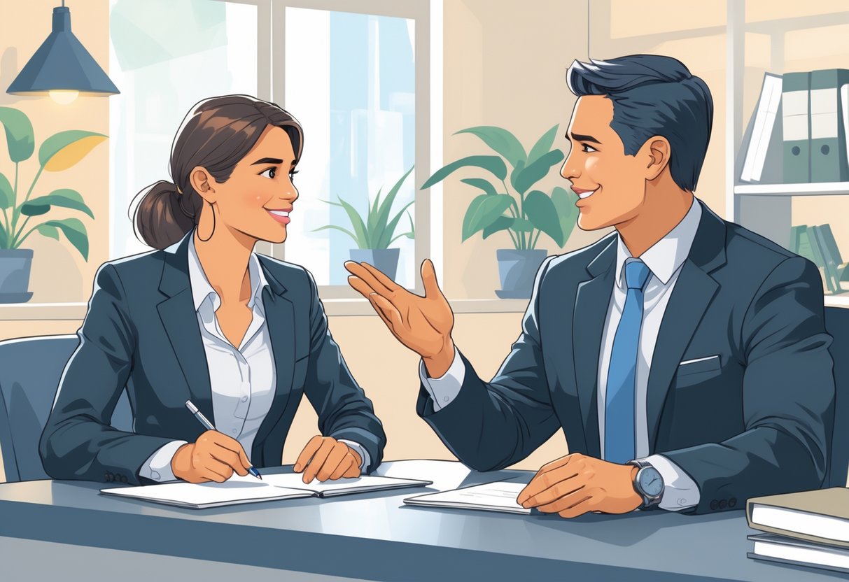 How to Ask for Feedback after an Interview: Best Practices for Professional Follow-Up 4 A job candidate and an interviewer sitting across a desk, engaged in a friendly conversation about interview feedback.