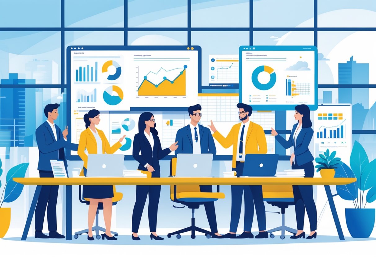A group of professionals working together around a table with laptops and charts in a bright office with a city view.