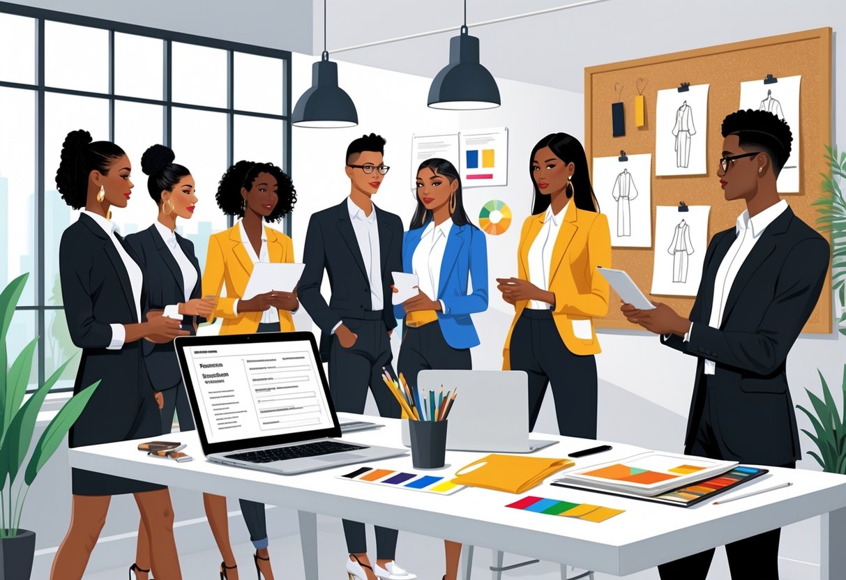 A modern office scene with professionals reviewing fashion-related materials and a laptop on a desk surrounded by clothing sketches and fabric samples.