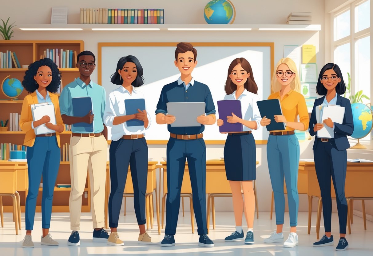 Five new teachers standing confidently in a bright classroom with teaching materials and books.
