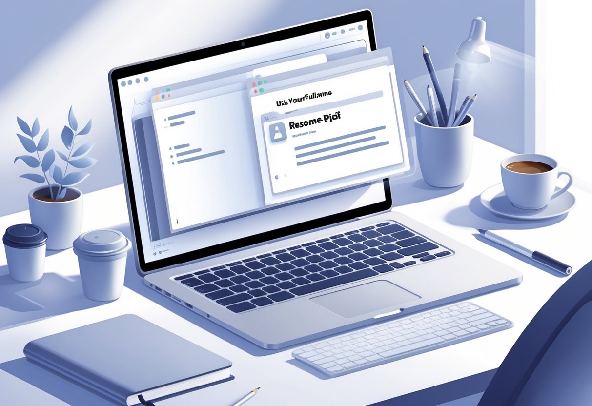 What to Name Your Resume File? Best Practices for Professional Job Applications 2 A digital workspace with a laptop displaying a resume file in a file explorer, surrounded by office items on a desk.