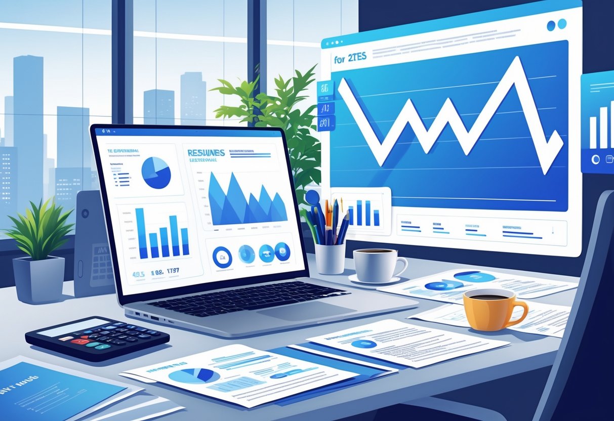 5 Financial Analyst Resume Examples & Guide for 2025: Expert Tips for a Winning Application 1 A workspace with a laptop, financial charts, documents, and office items representing a financial analyst preparing resumes.