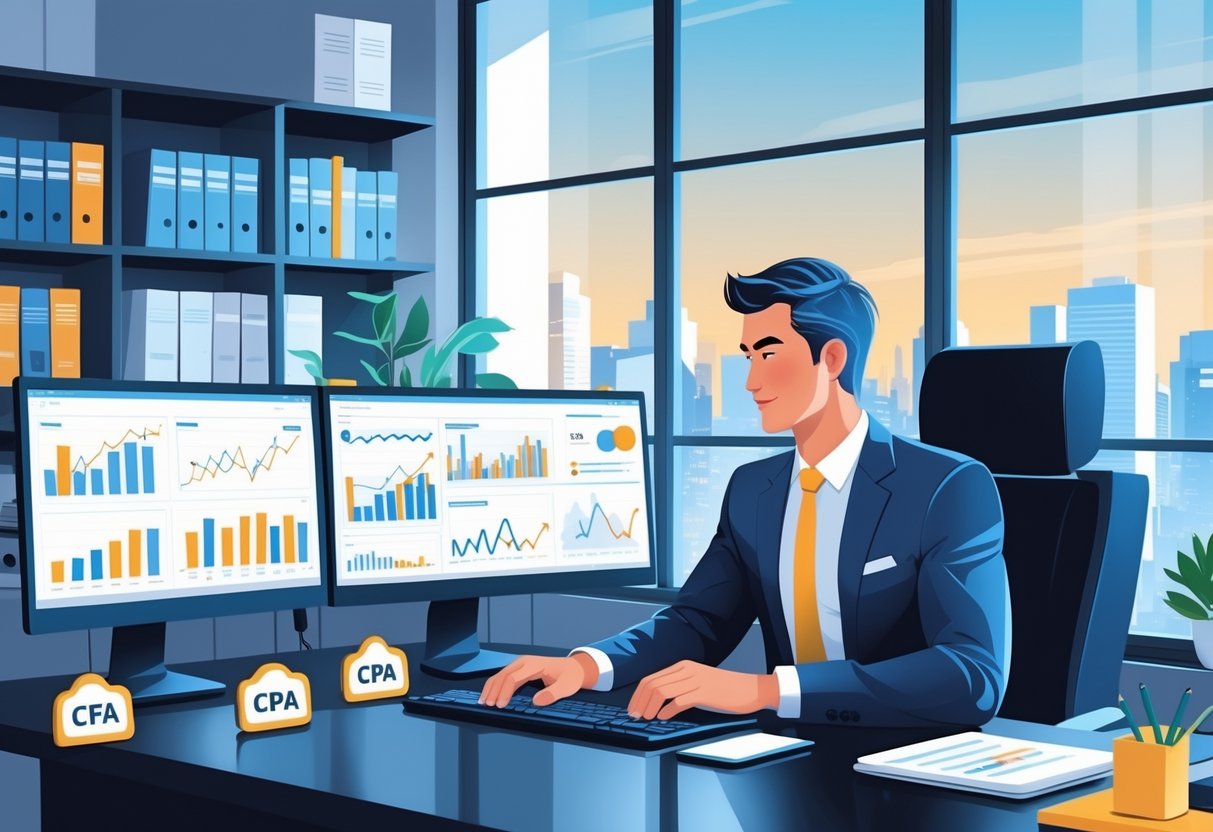 5 Financial Analyst Resume Examples & Guide for 2025: Expert Tips for a Winning Application 2 A financial analyst working at a desk with multiple monitors showing financial data, surrounded by certification symbols and office books, with a city skyline visible through a window.