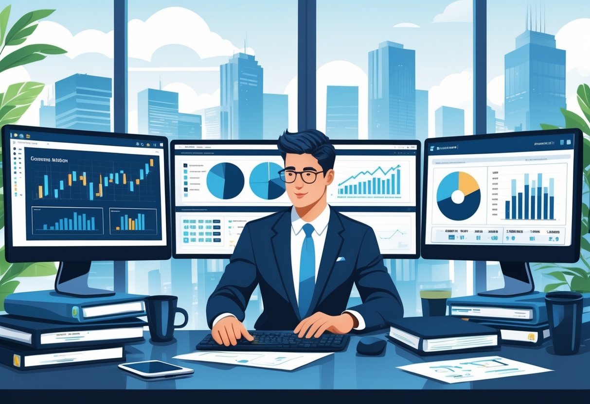 5 Financial Analyst Resume Examples & Guide for 2025: Expert Tips for a Winning Application 3 A financial analyst working at a desk with multiple monitors showing charts and data in a modern office with a city skyline outside the window.